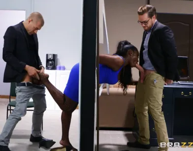 Two Guys Fuck Curvy Black Girl Right at Work!