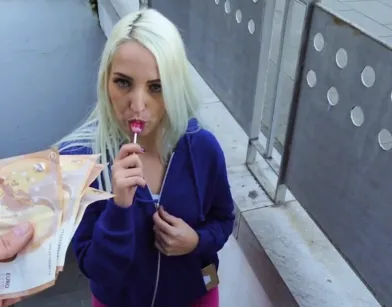 Pickup Artist Gets Blonde to Suck Lollipop and Then His Cock!