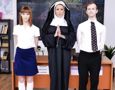 Mature Nun Teaches Young Students Sex and Squirts with Them!